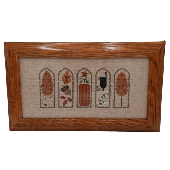 Prim Autumn Cross Stitch Framed Completed Wall Art Fall Pumpkin Crow Trees 19 In - Picture 1 of 10